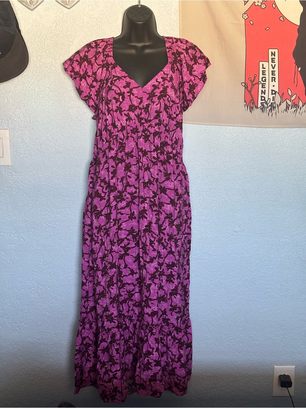 Terra & Sky Purple Floral Maxi Dress with Black Print